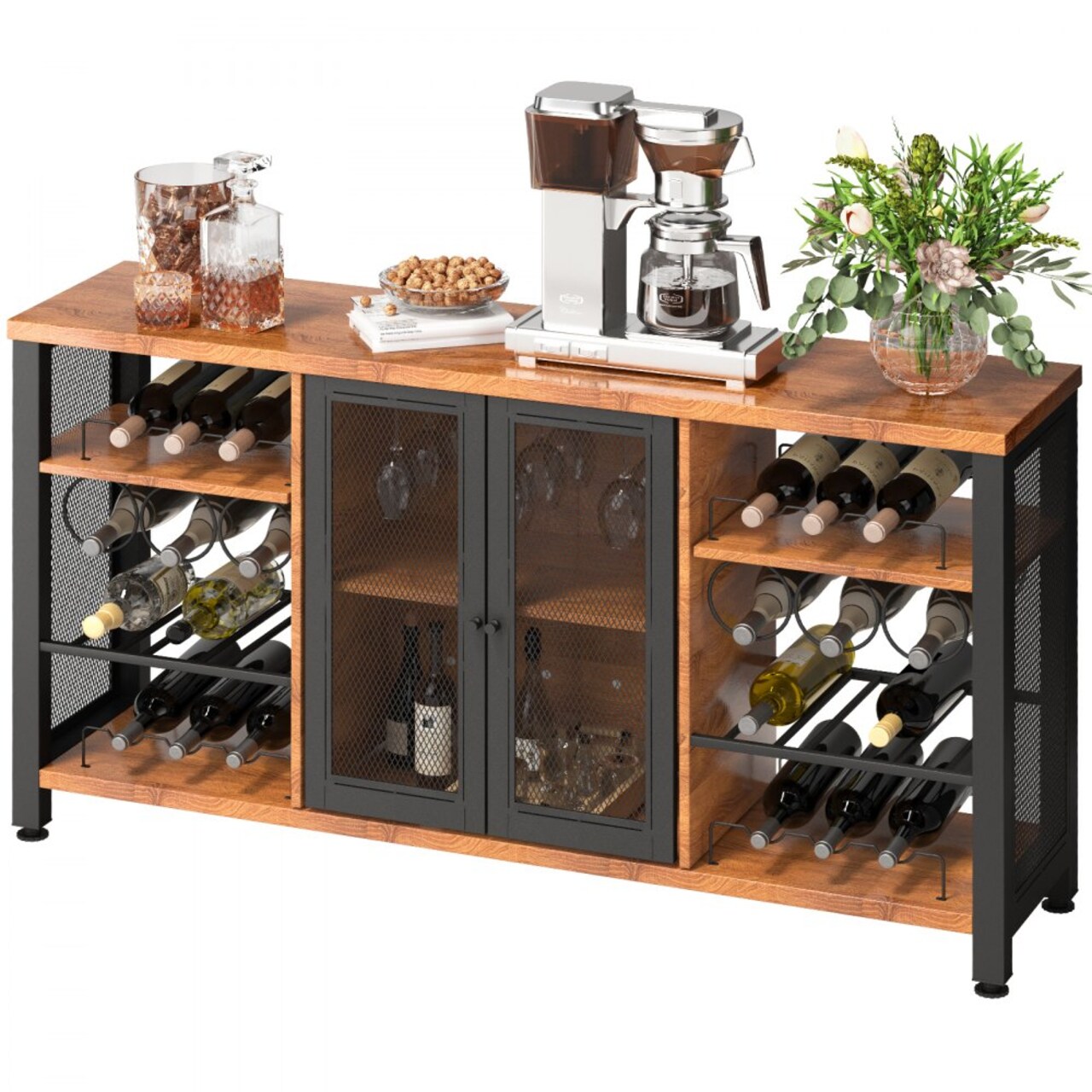 Black-Brown Industrial Bar Cabinet with Wine Storage and Glass Holders